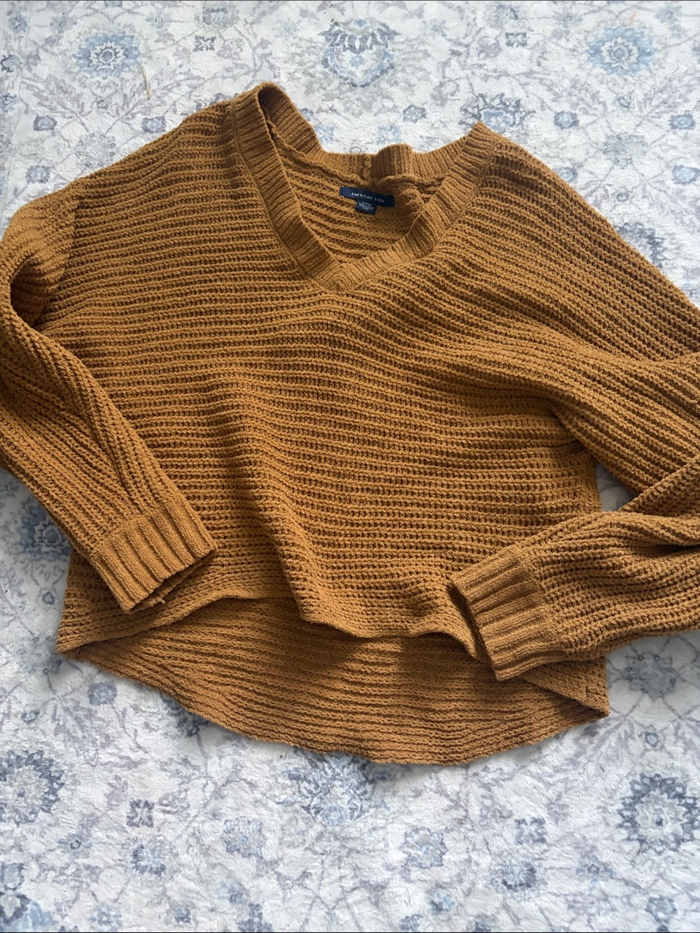 American Eagle Outfitters Honey Mustard Waffle V-Neck Sweater